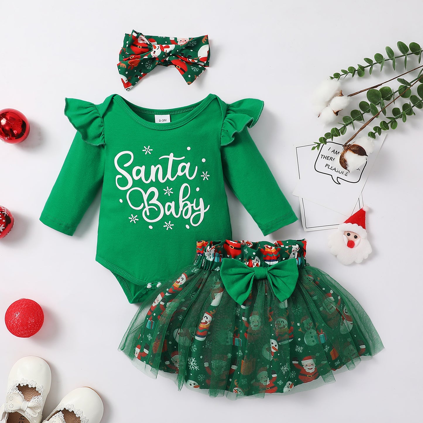 Little Girls Green Christmas Mesh Dress Newborn Santa Baby Romper And Skirt Outfit