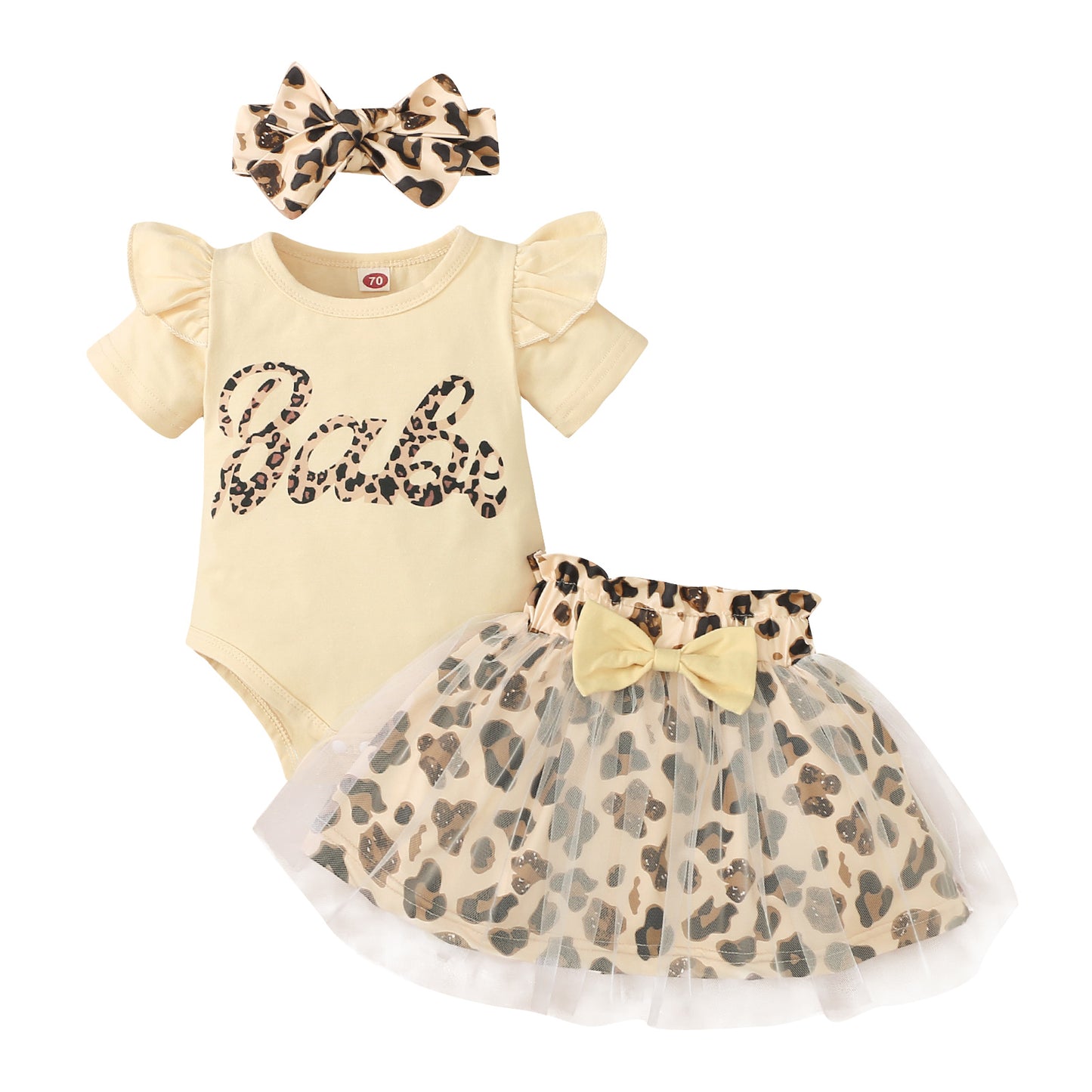 3PCS Baby Girls Short Sleeve Romper and Leopard Mesh Dress Sets Kids Fashion Clothes