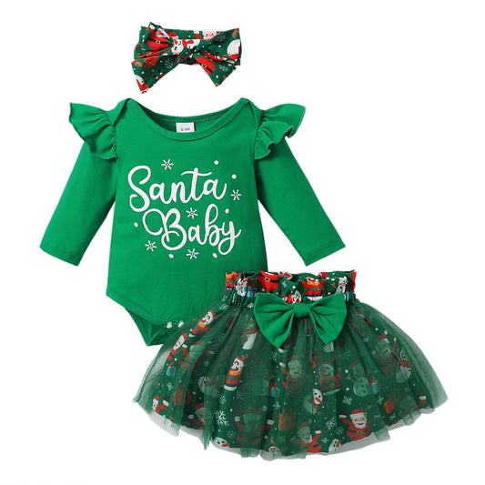 Little Girls Green Christmas Mesh Dress Newborn Santa Baby Romper And Skirt Outfit