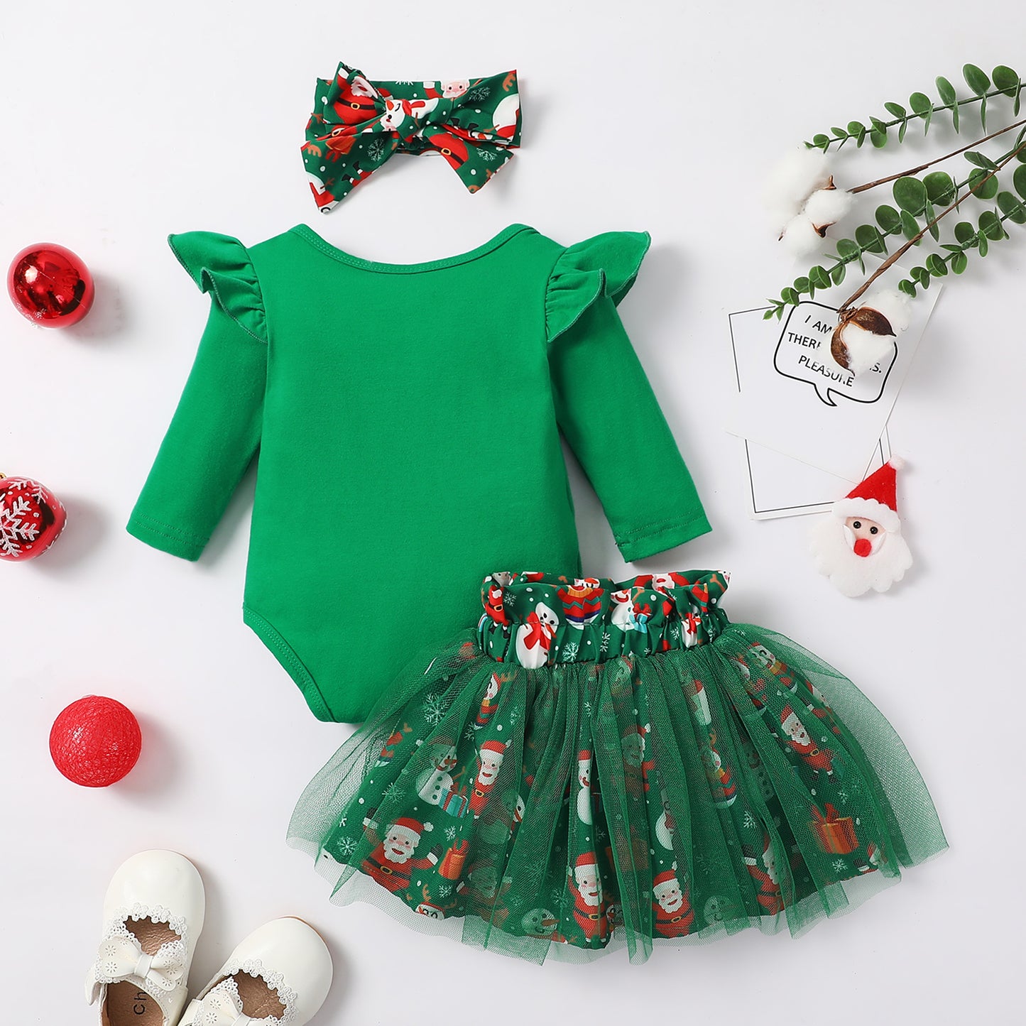 Little Girls Green Christmas Mesh Dress Newborn Santa Baby Romper And Skirt Outfit