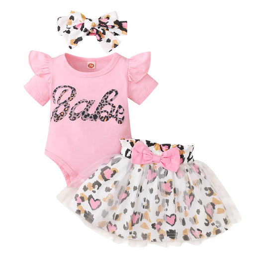 3PCS Baby Girls Short Sleeve Romper and Leopard Mesh Dress Sets Kids Fashion Clothes