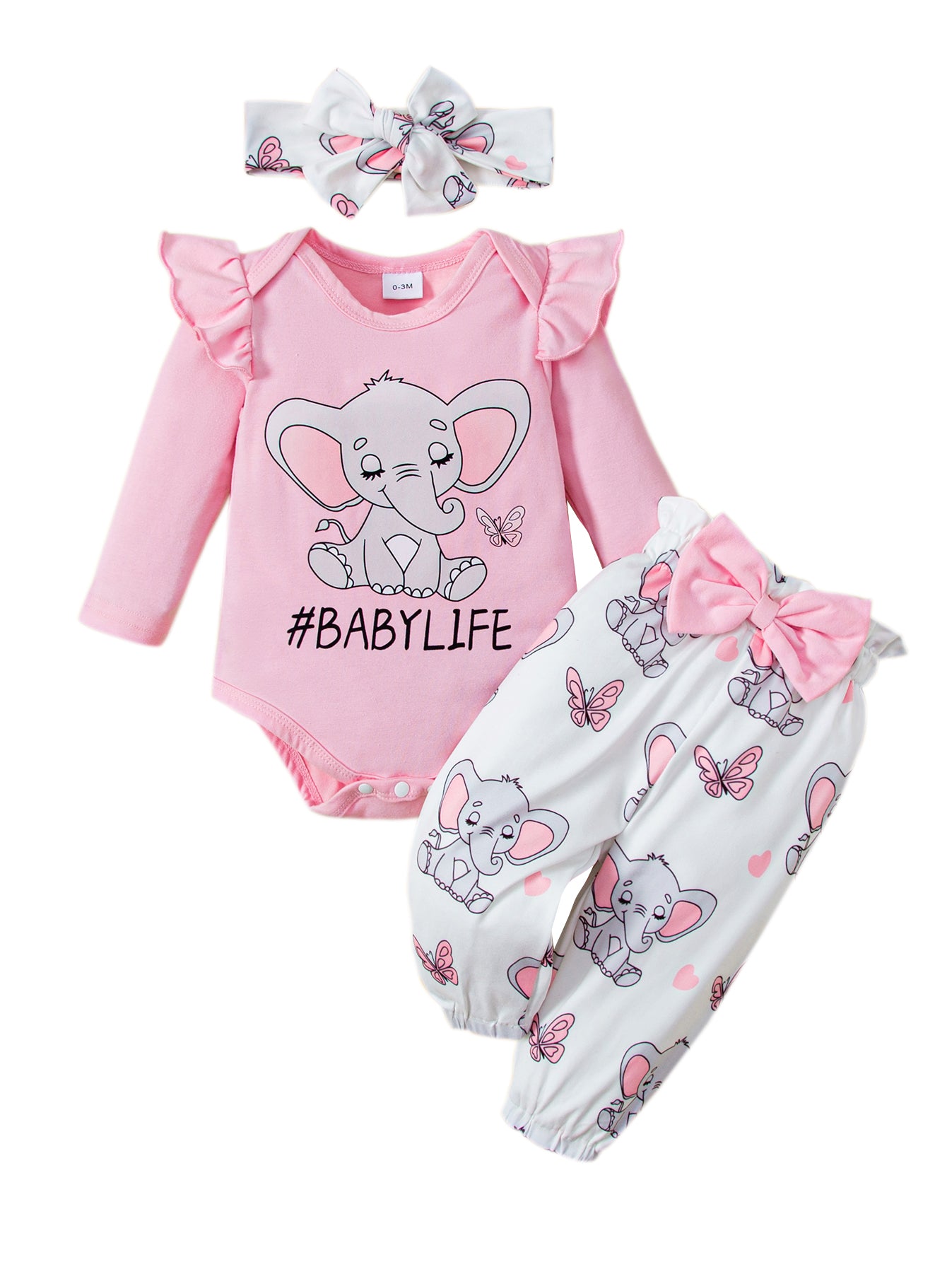 Baby Girls Elephant Pattern Romper and Pants and Headband Kids Cute Set Pink Clothing