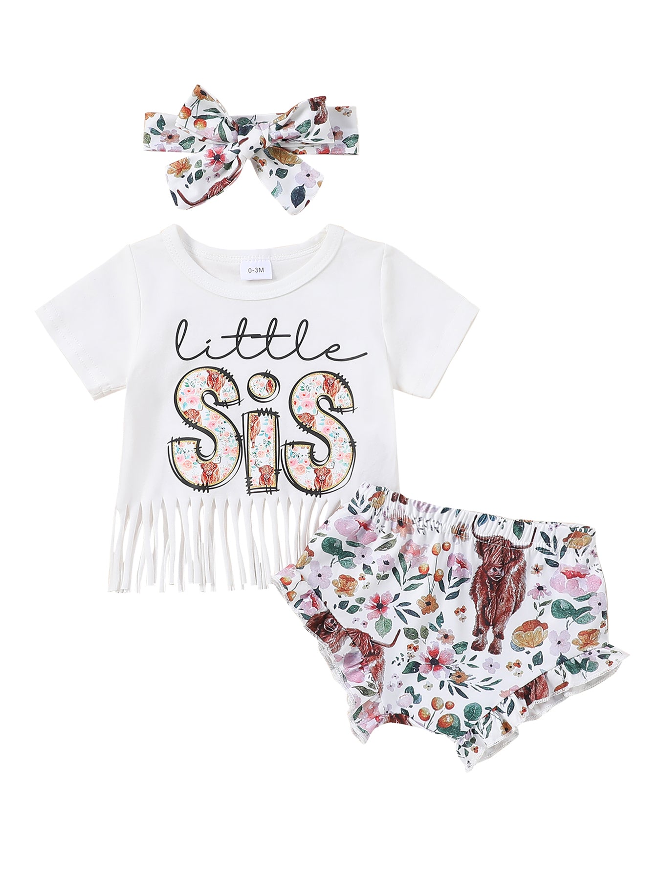 3PCS Little Girls Summer Sets SIS Letter T-shirt and Shorts and Headband