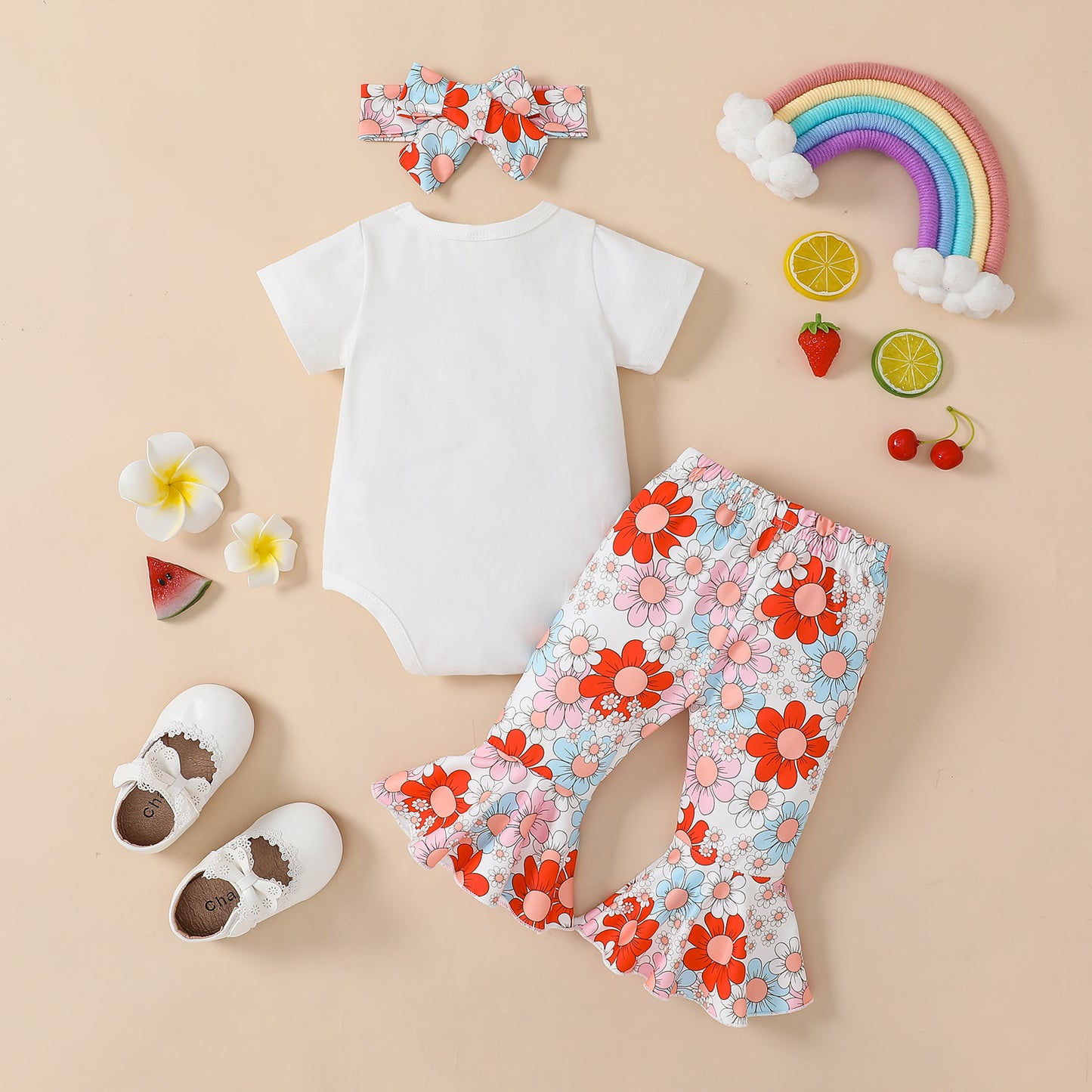 Baby Girls Flower Rainbow Romper and Flared Pants Outfit Sets