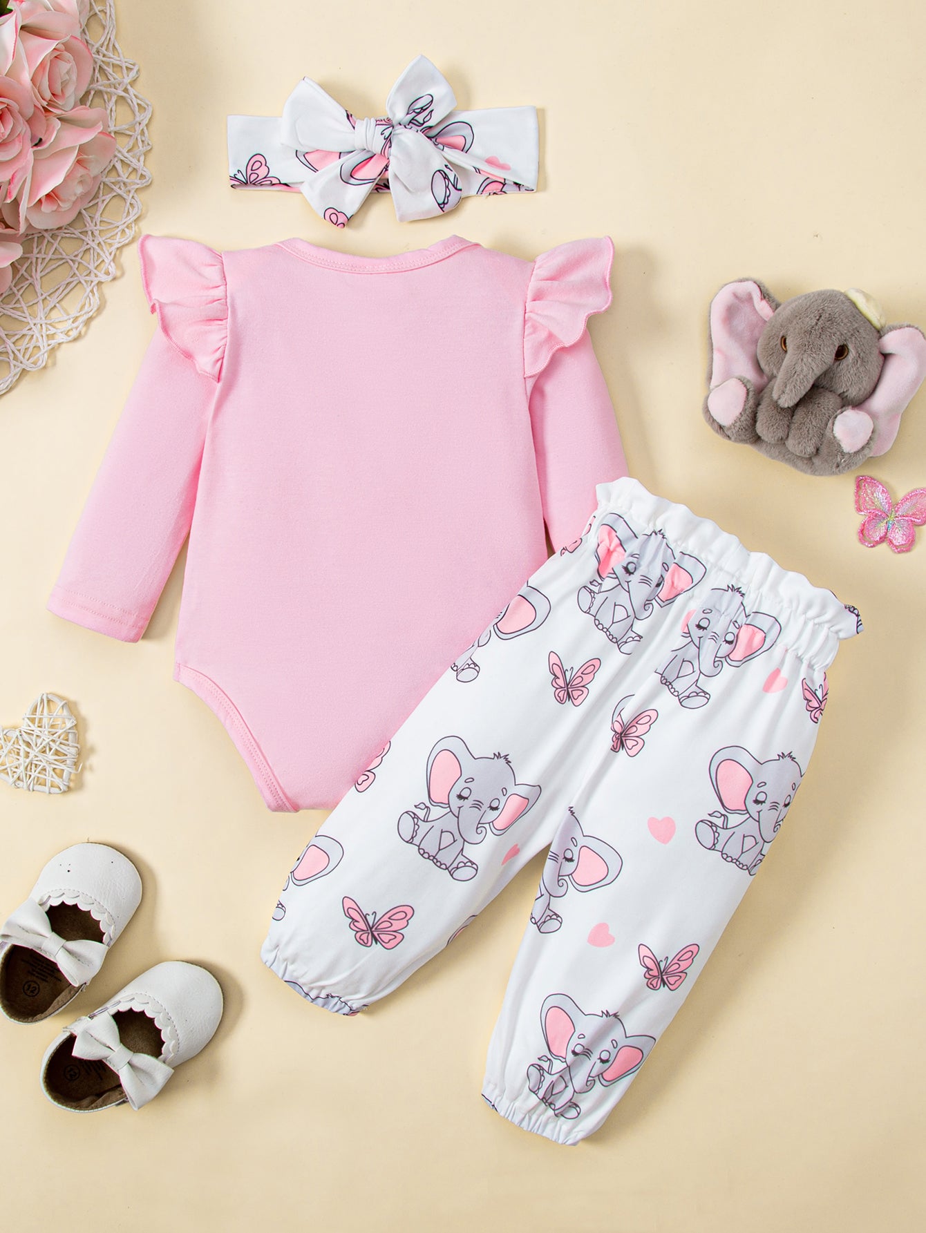 Baby Girls Elephant Pattern Romper and Pants and Headband Kids Cute Set Pink Clothing