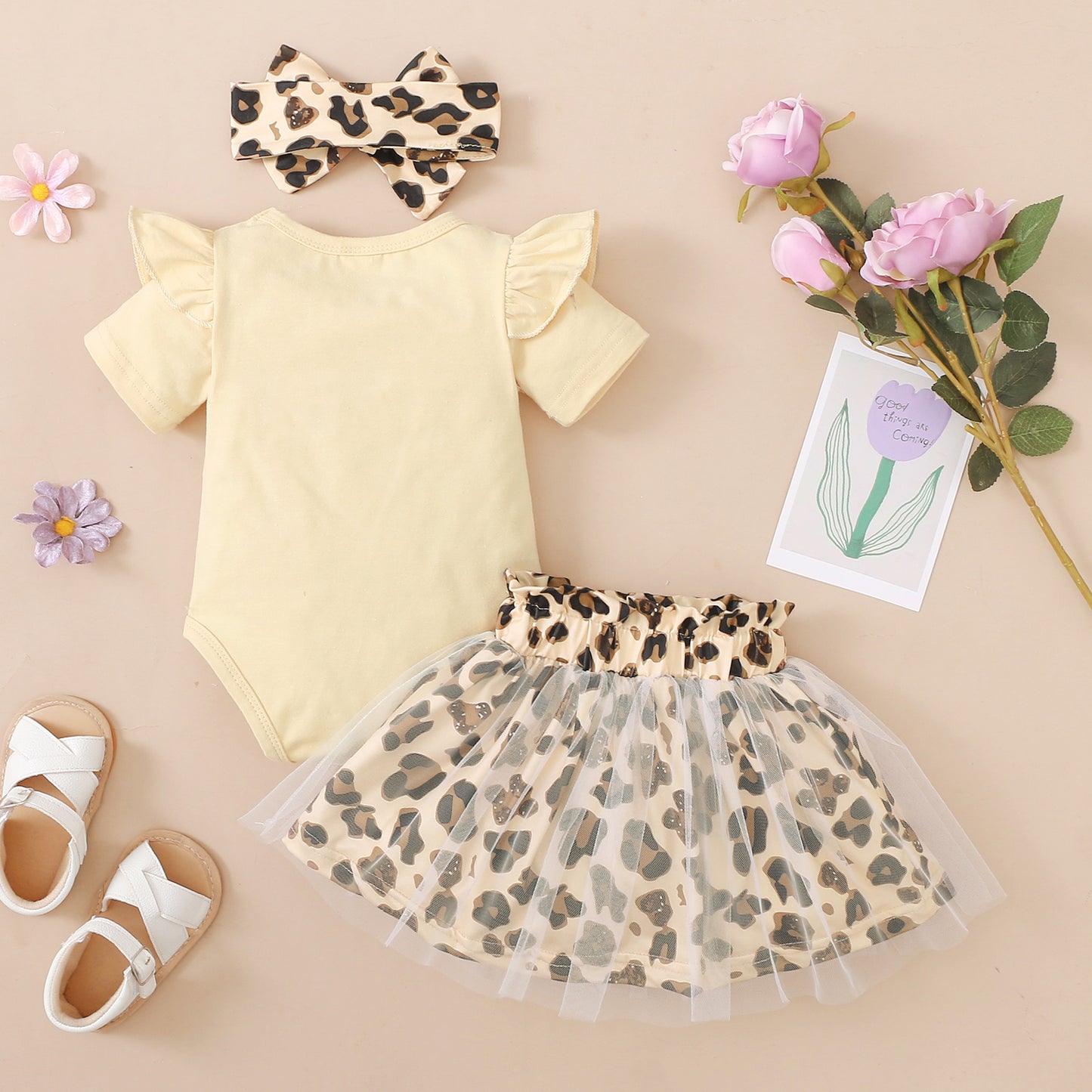 3PCS Baby Girls Short Sleeve Romper and Leopard Mesh Dress Sets Kids Fashion Clothes