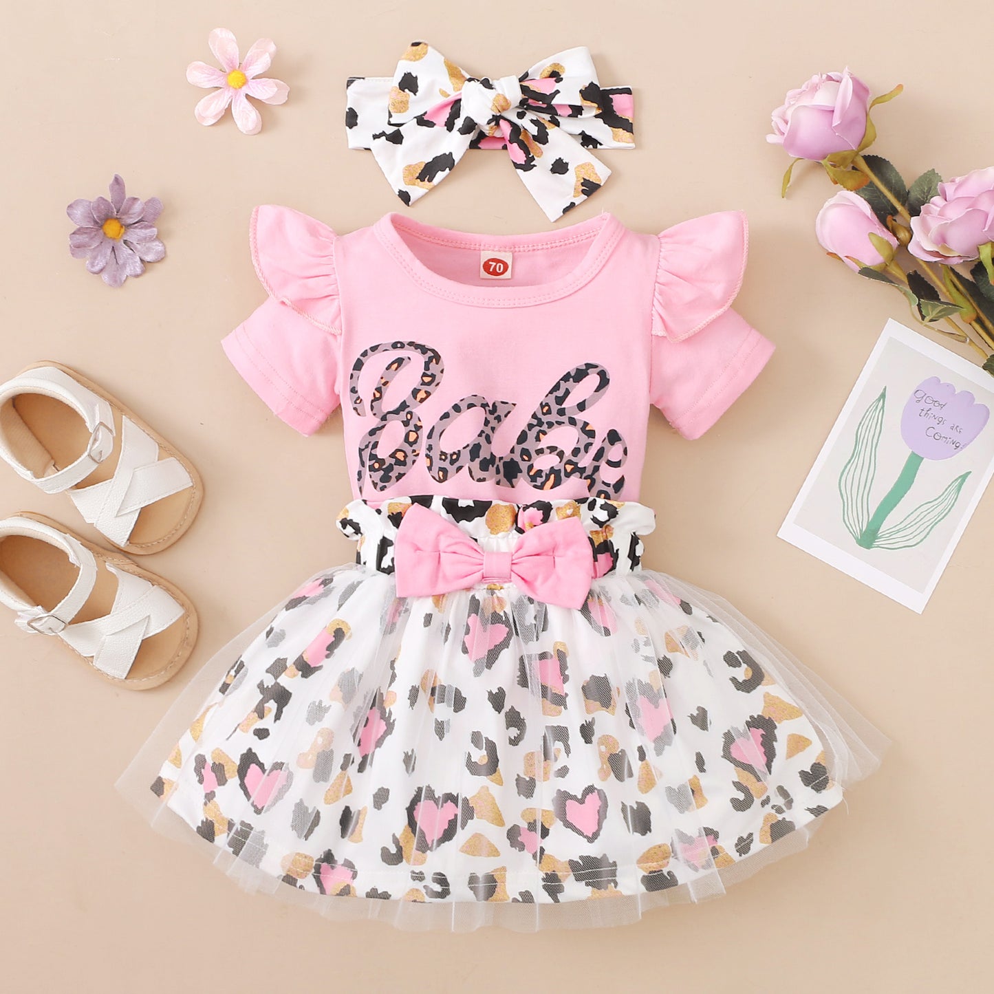 3PCS Baby Girls Short Sleeve Romper and Leopard Mesh Dress Sets Kids Fashion Clothes