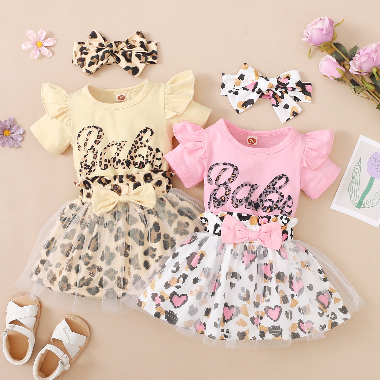 3PCS Baby Girls Short Sleeve Romper and Leopard Mesh Dress Sets Kids Fashion Clothes