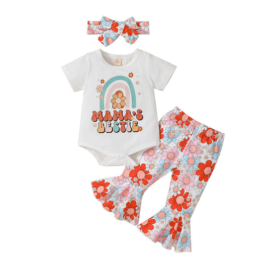 Baby Girls Flower Rainbow Romper and Flared Pants Outfit Sets